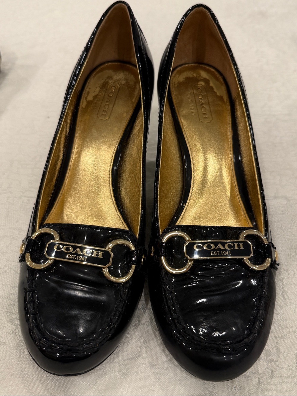 Coach Women's Black Patent Leather Loafers with Gold Hardware